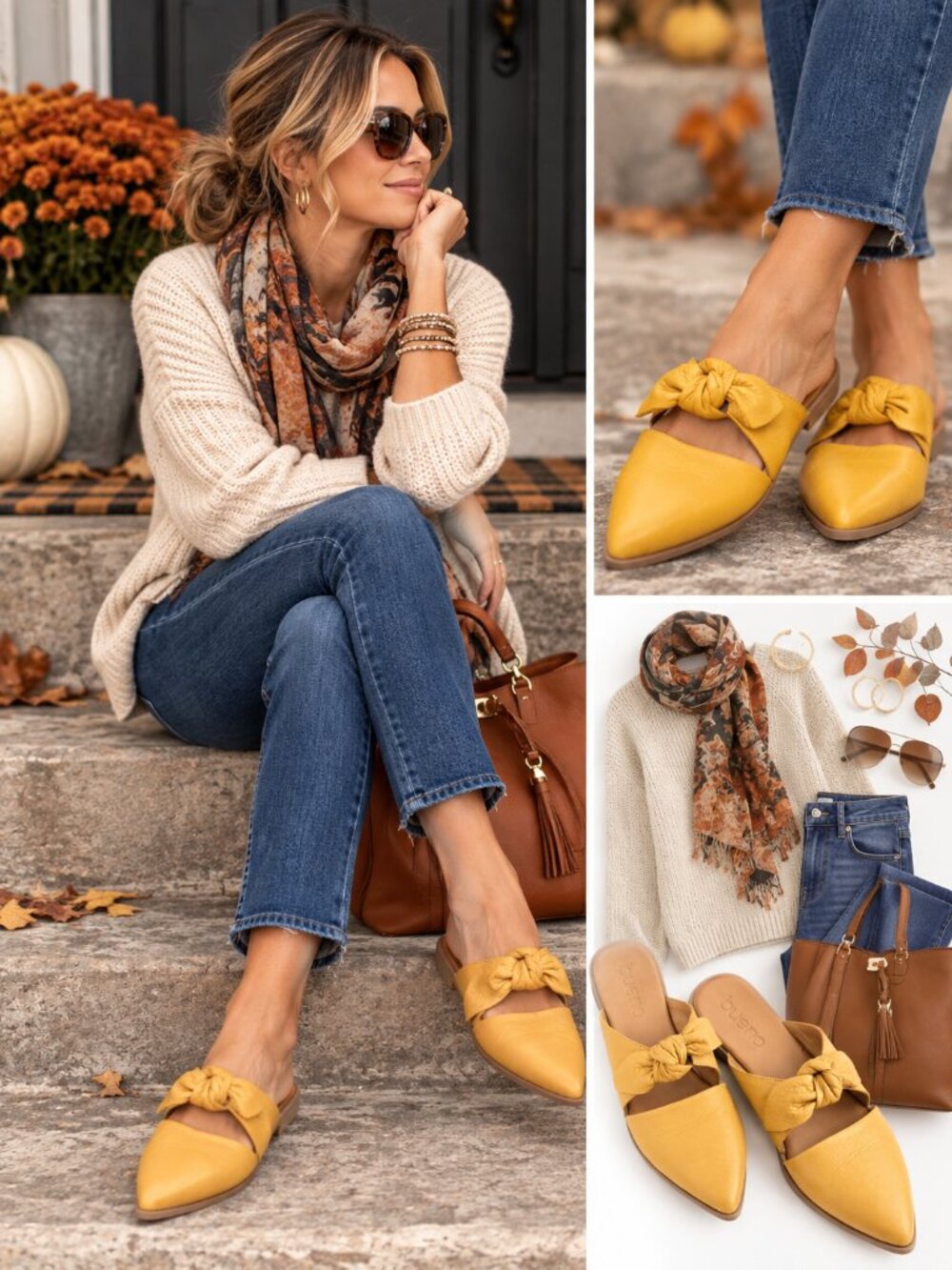 Bueno Mustard Yellow Leather Pointed Toe Mule Flats | EU 39